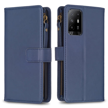 Blue leather flip phone wallet with zipper, 9 card slots, and phone camera cutout