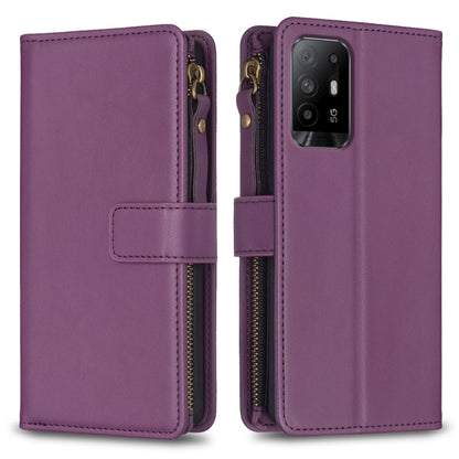Purple leather flip phone wallet with zipper, 9 card slots, and phone camera cutout