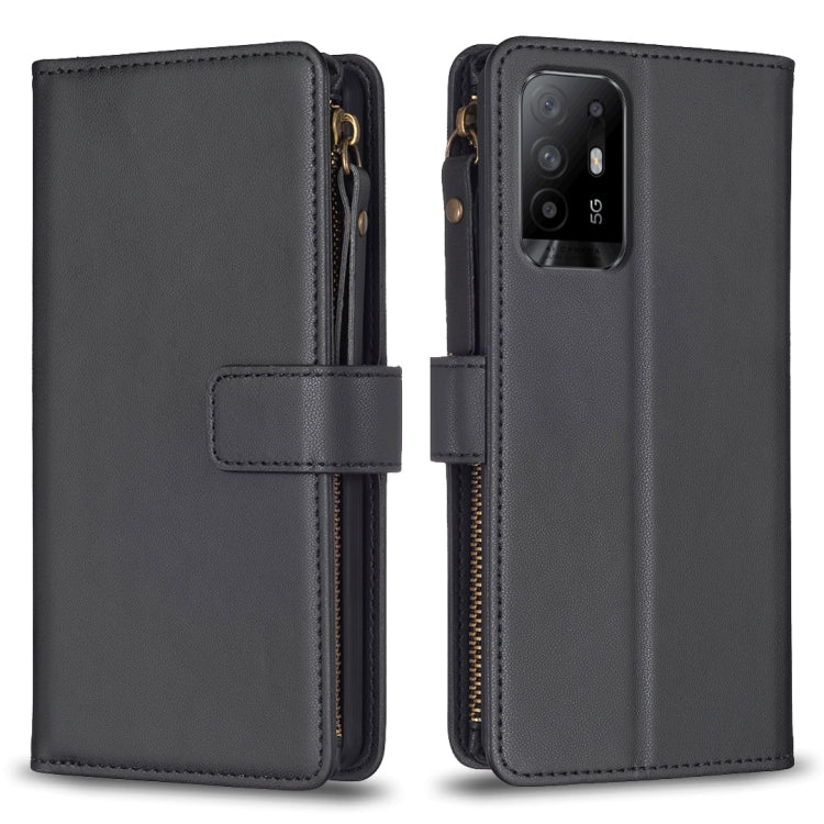 Dark leather flip phone wallet with zipper, 9 card slots, and phone camera cutout