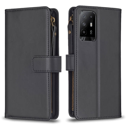 Dark leather flip phone wallet with zipper, 9 card slots, and phone camera cutout