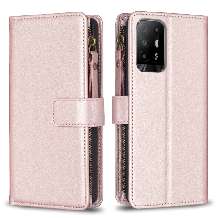 Rose gold leather flip phone wallet with zipper, 9 card slots, and phone camera cutout