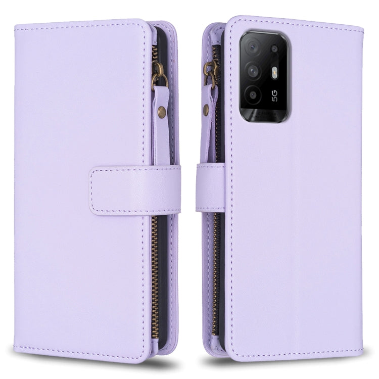 Light purple leather flip phone wallet with zipper, 9 card slots, and phone camera cutout