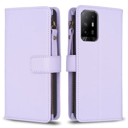 Light purple leather flip phone wallet with zipper, 9 card slots, and phone camera cutout