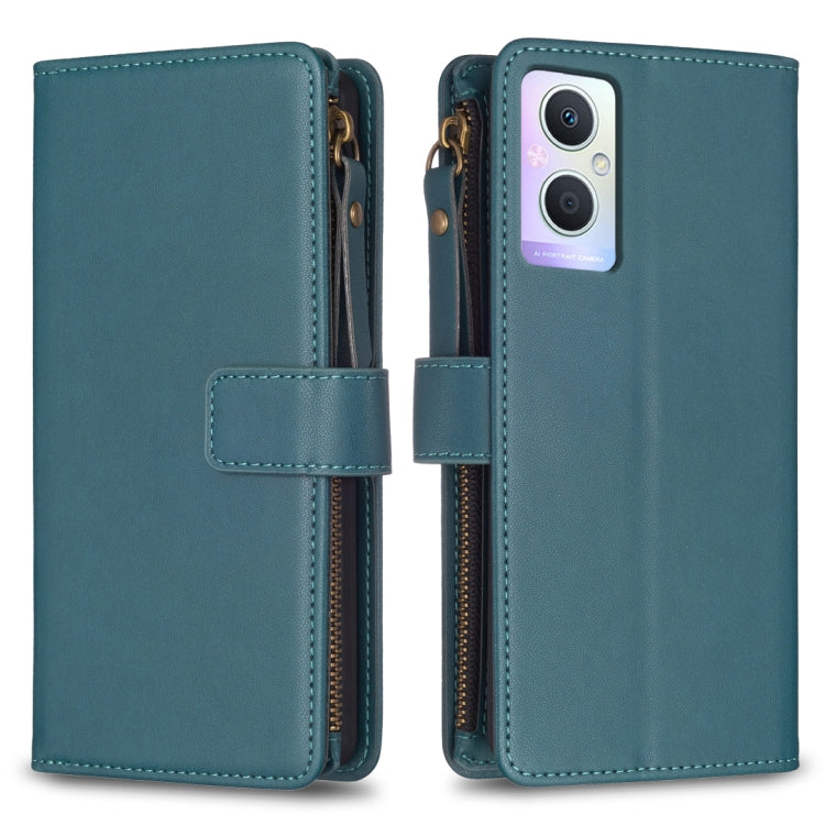 Teal leather flip phone wallet case with zipper and card slot holder, phone cameras visible