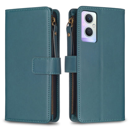 Teal leather flip phone wallet case with zipper and card slot holder, phone cameras visible