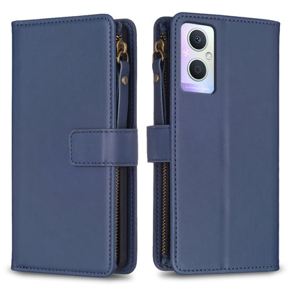 Blue leather flip phone wallet case with zipper and card slot holder, phone cameras visible