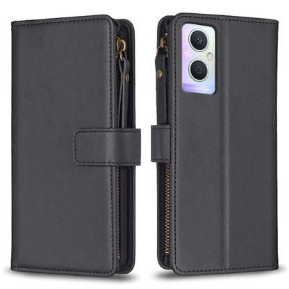 Black leather flip phone wallet with zipper, card slots, and camera cutout.