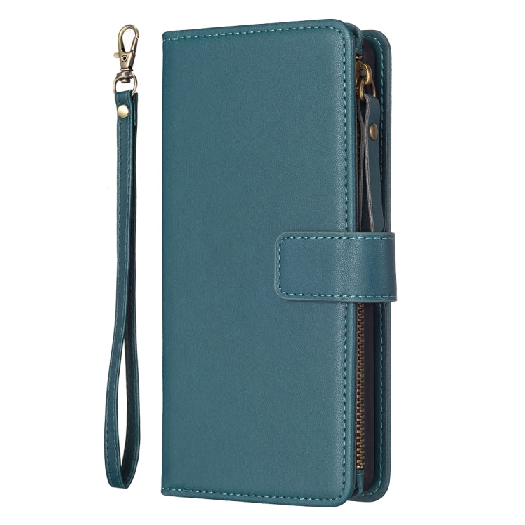 Teal leather flip wallet phone case with zipper and wrist strap