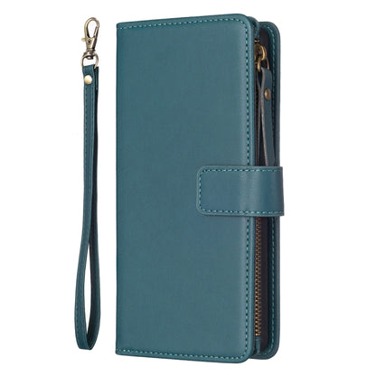 Teal leather flip wallet phone case with zipper and wrist strap