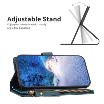 Teal leather wallet phone case with zipper, flip cover, and front cutout