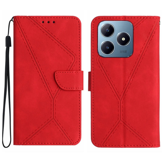Red embossed leather phone case with stitched geometric pattern and side wrist strap