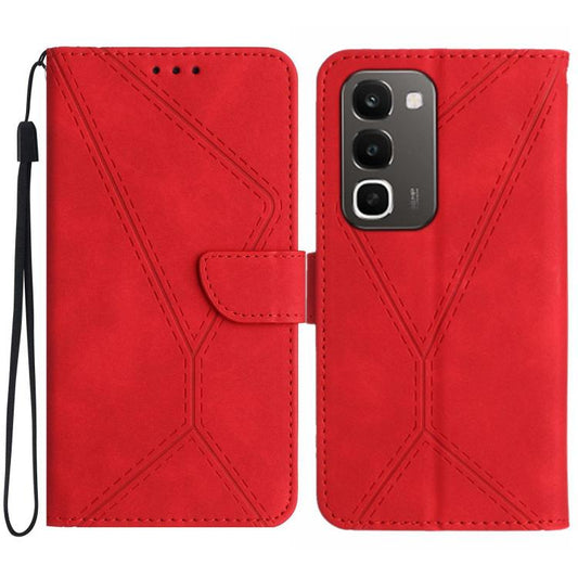 Red embossed leather phone wallet case with flip cover, stitched pattern, and wrist strap