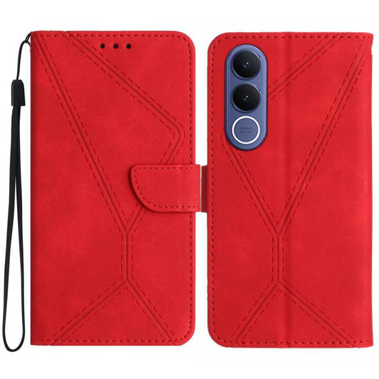 Red embossed leather phone case with stitched geometric pattern and flip cover