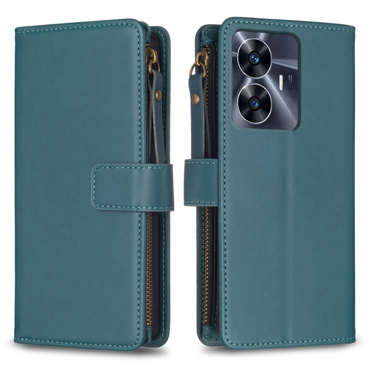 Teal leather flip phone case with card slots and camera cutout, zipper closed