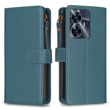 Teal leather flip phone case with card slots and camera cutout, zipper closed