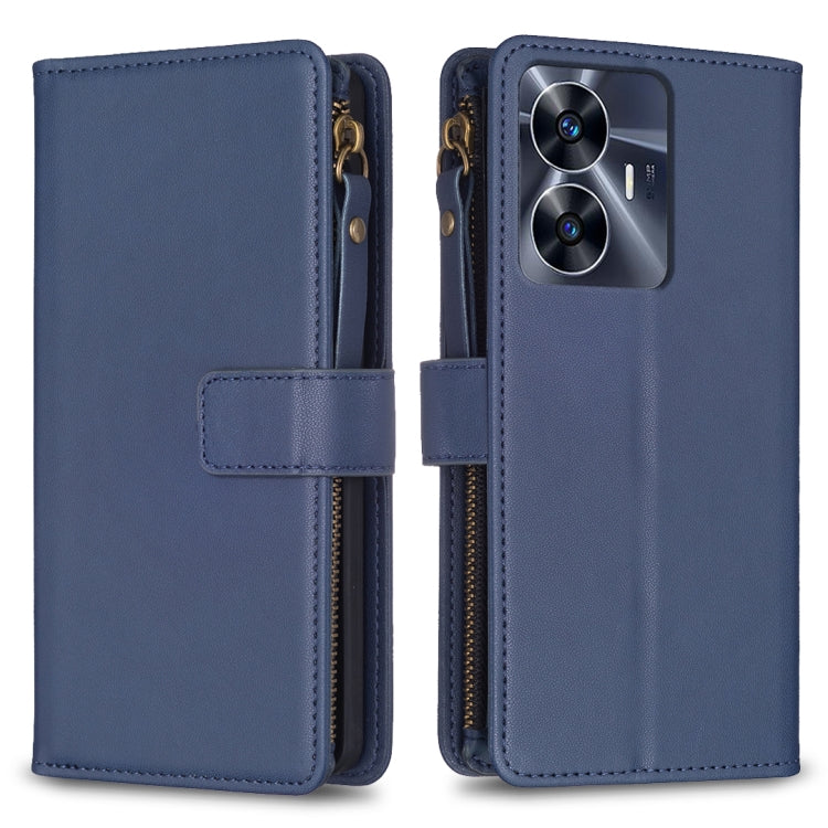 Blue leather flip wallet phone case with card slot flap and camera cutout