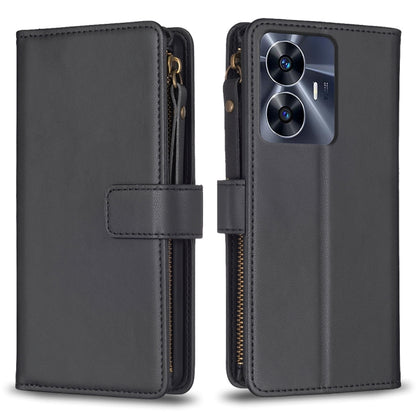 Black leather flip phone wallet case with 9 card slots and zipper, front card holder