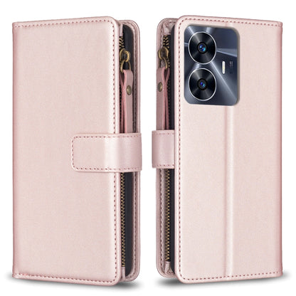 Rose pink leather flip phone wallet case with 9 card slots and zipper