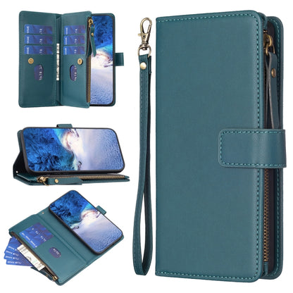 Leather flip wallet phone case with 9 card slots, zipper closure, and wrist strap