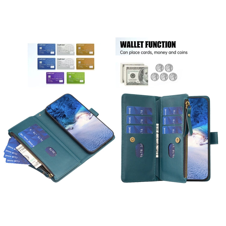 Leather wallet phone case with multiple card slots and zipper closure, open and closed views