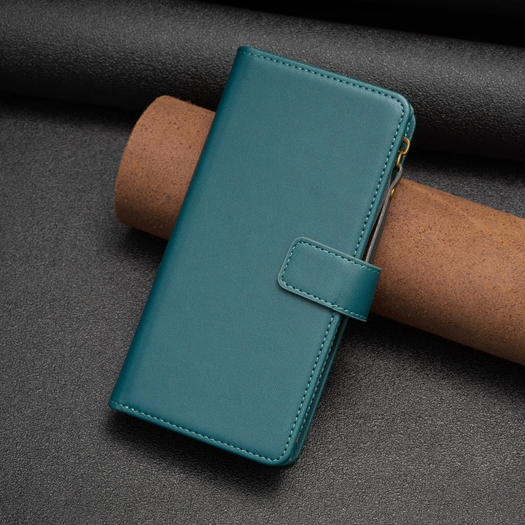 Teal leather wallet phone case with card slot flap and gold-tone zipper hardware