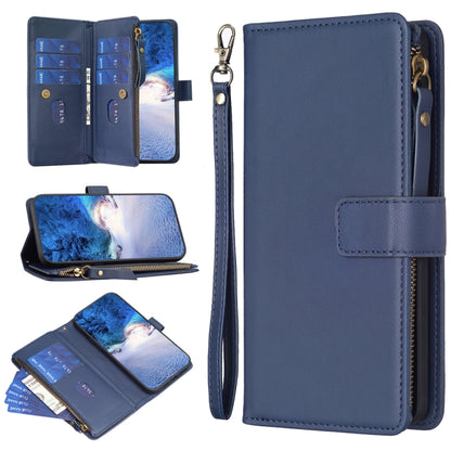 Leather flip wallet phone case with 9 card slots, zipper closure, and wrist strap in blue