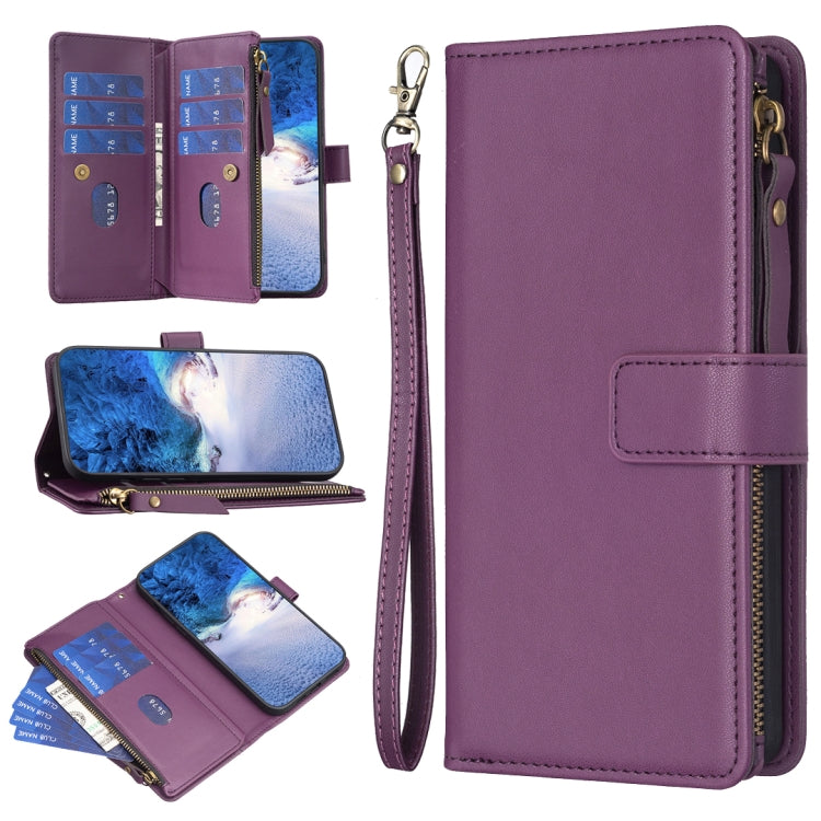 Purple leather flip phone wallet case with 9 card slots and zipper, wrist strap