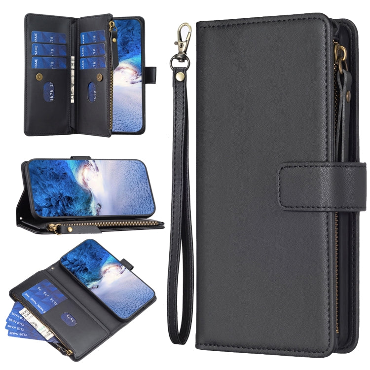 Charcoal leather flip phone wallet case with 9 card slots and zipper, wrist strap