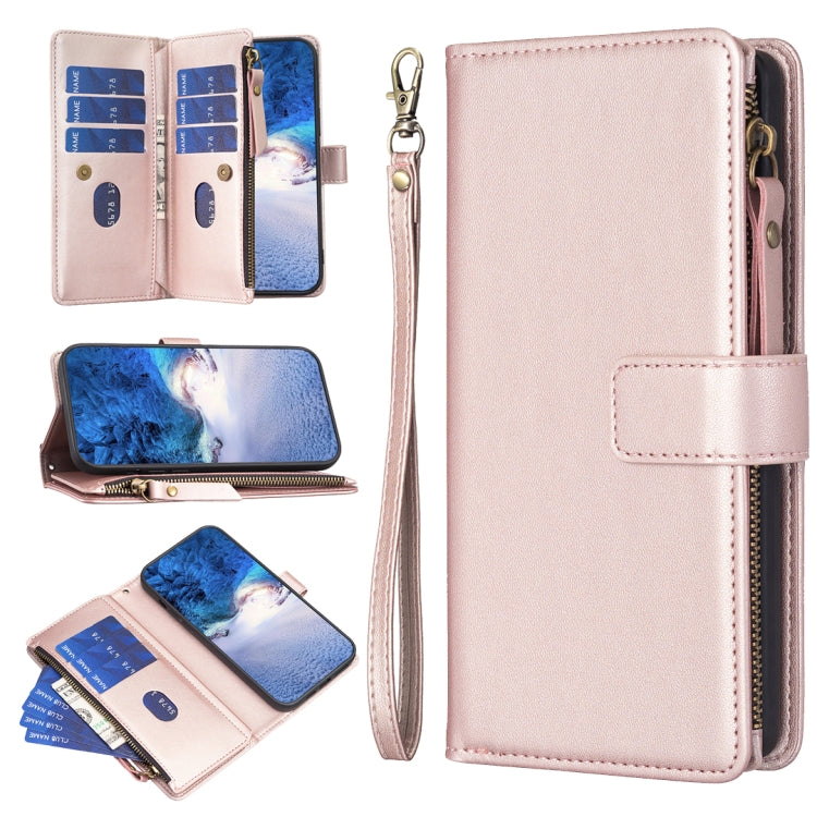 Light pink leather flip phone wallet case with 9 card slots and zipper, wrist strap