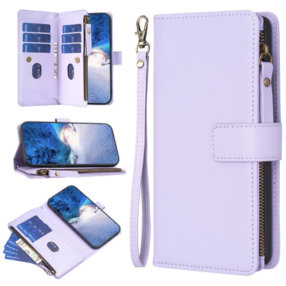 Light purple leather flip phone wallet case with 9 card slots and zipper, card slots open