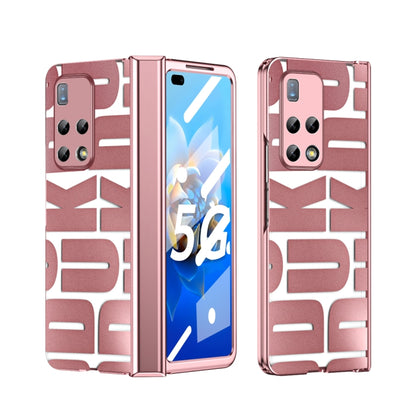 Rose gold folding phone case with hinge, textured back panel, cutouts for cameras and ports