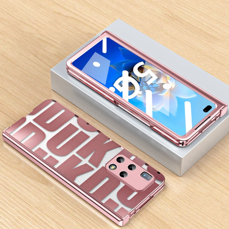 Rose gold folding phone case with hinge, shown closed and open, textured front and back