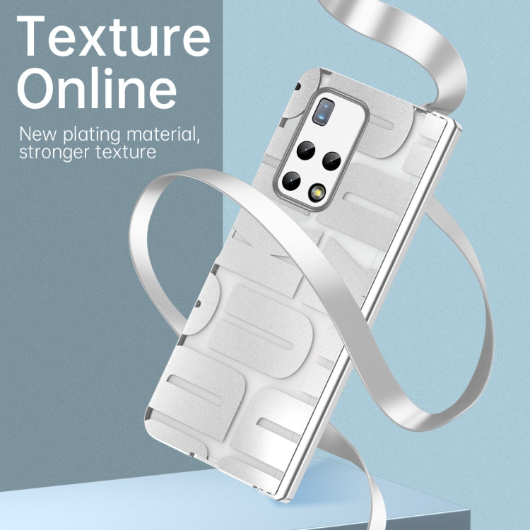 White/silver folding phone case with hinge, textured protective back with camera cutouts