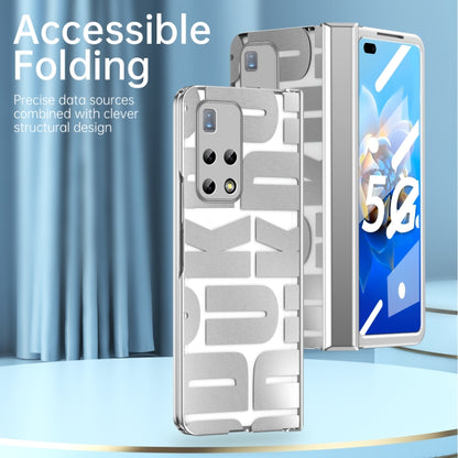 Silver folding phone case with hinge, textured back cover and front frame