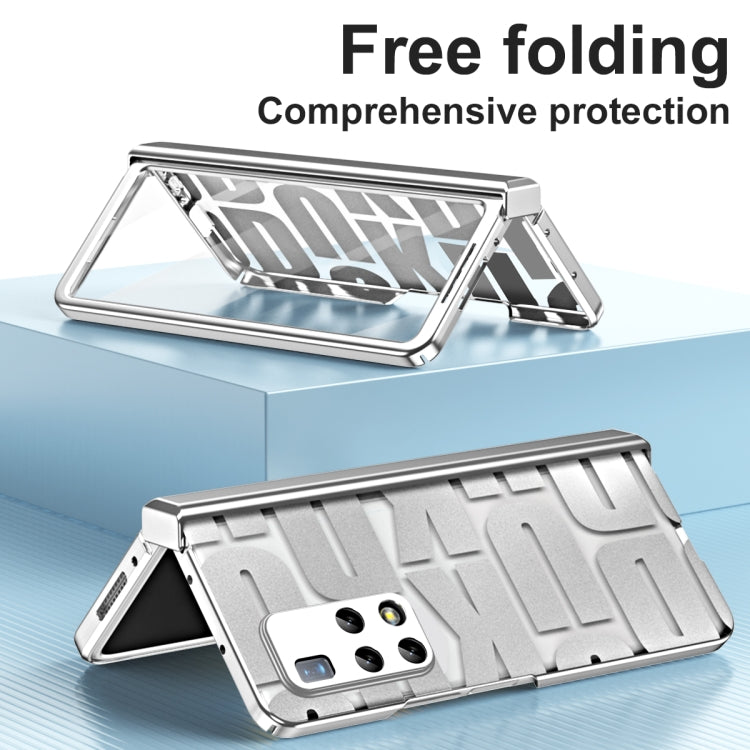 Silver folding phone case with hinge, kickstand-like stand design for viewing