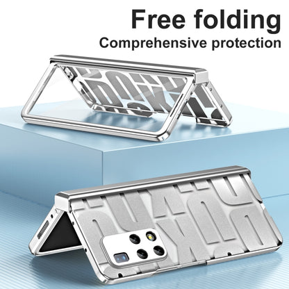Silver folding phone case with hinge, kickstand-like stand design for viewing