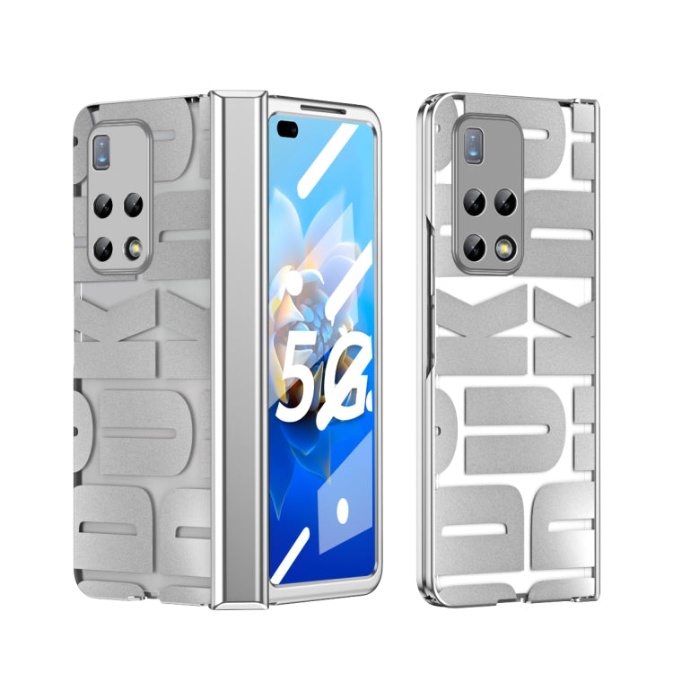 Silver folding phone case with hinge, textured back panel, camera cutouts