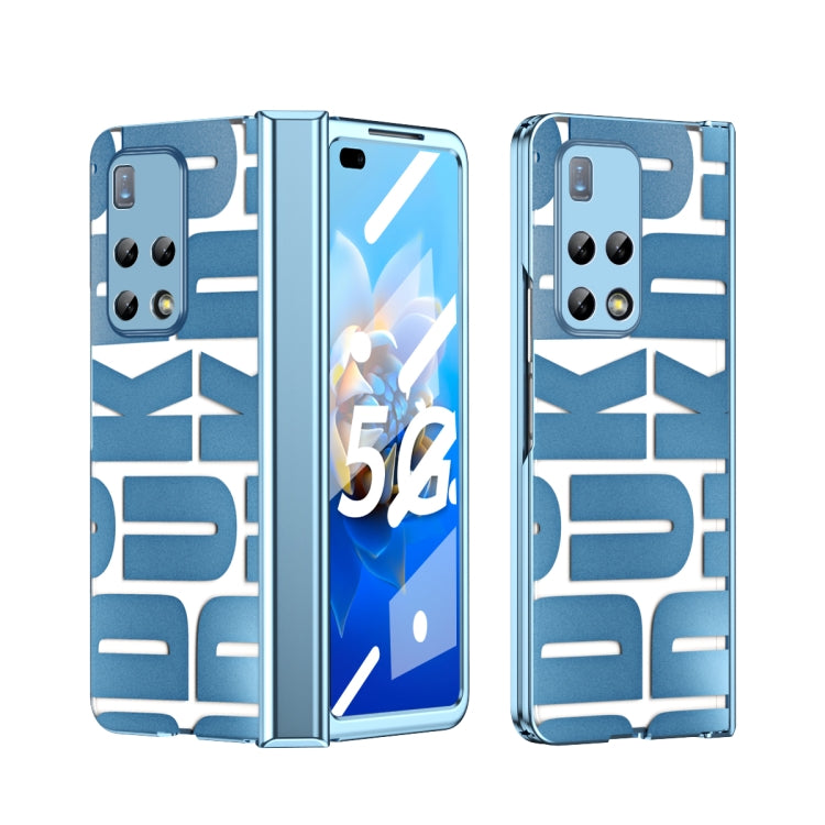Blue folding phone case with hinge, textured back panel, camera cutouts and side buttons