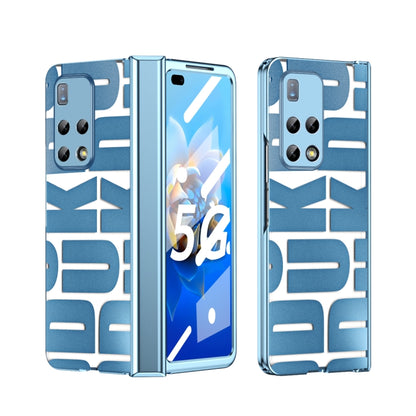 Blue folding phone case with hinge, textured back panel, camera cutouts and side buttons