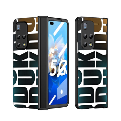 Black folding phone case with hinge, textured back shell, camera cutouts and port openings