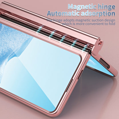 Pink folding phone case hinge with magnetic clasp and open kickstand, Pixel Fold
