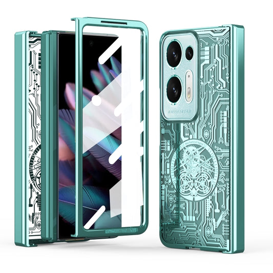 Mechanical electroplating phone case with circuit pattern, green, for OPPO Find N series.