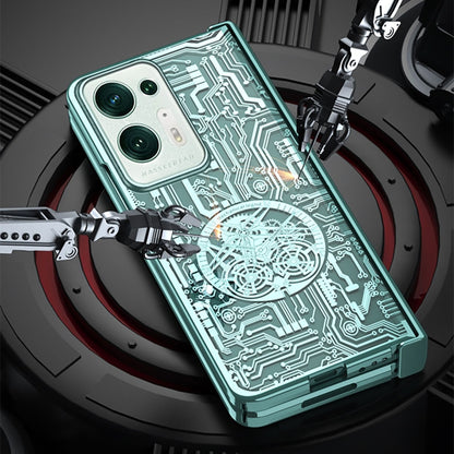 Green phone case with raised circuit lines and large camera cutouts, mechanical style.