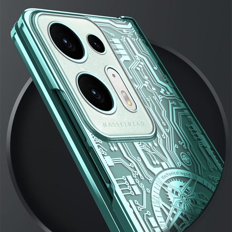 Green mechanical phone case with circuit pattern and camera lenses on the back.