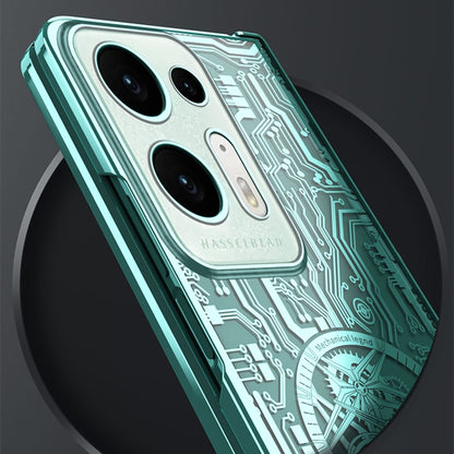Green mechanical phone case with circuit pattern and camera lenses on the back.