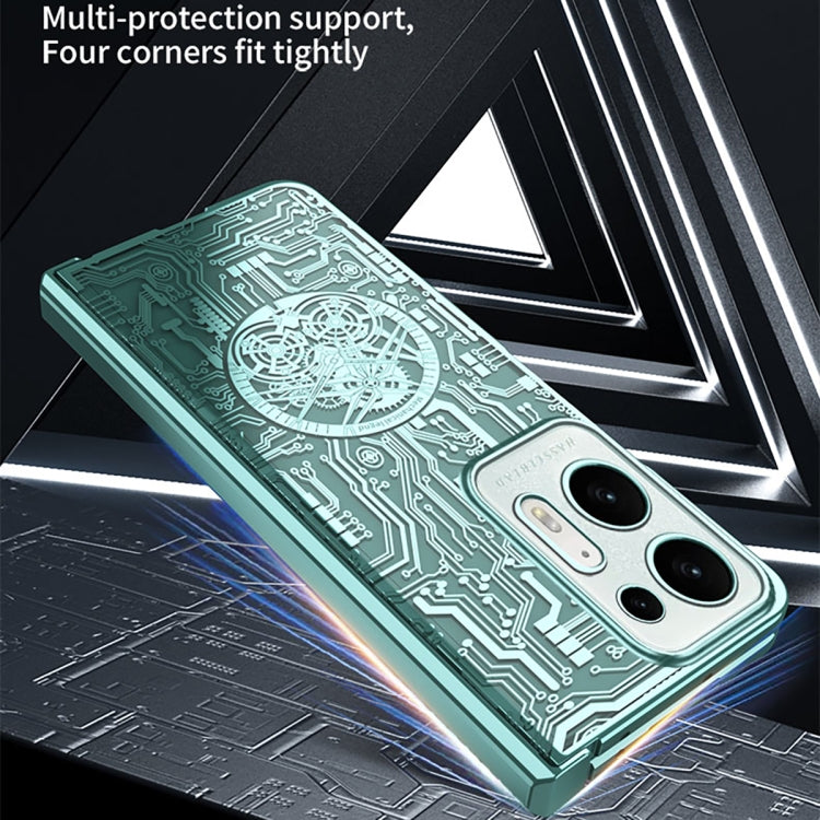 Green electroplated phone case with circuit design and reinforced corner protection.