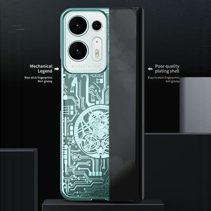 Green phone case with circuit engraving, camera cutouts, and slim mechanical frame.