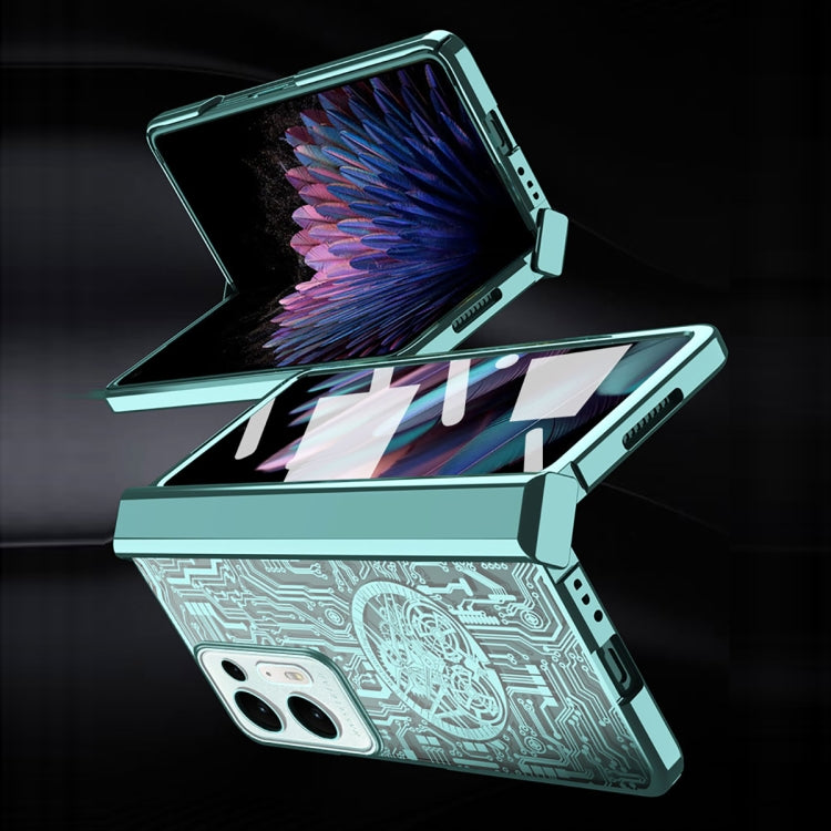 Green foldable mechanical phone case with circuit pattern, front and back visible.