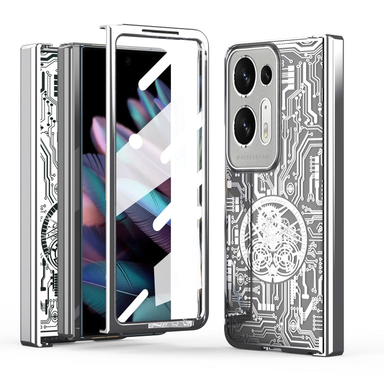 Mechanical electroplating phone case with circuit pattern, silver/gray, for OPPO Find N series.