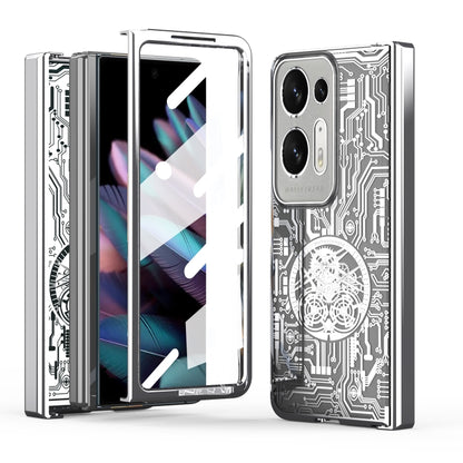 Mechanical electroplating phone case with circuit pattern, silver/gray, for OPPO Find N series.